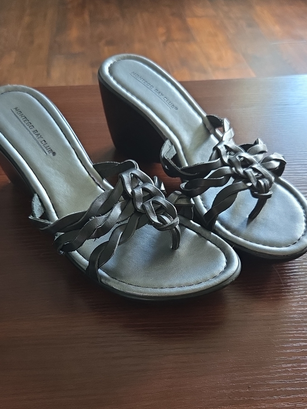 Montego Bay Club Metallic Gray And Blavk Braided Wedge Mules Sandals Thong Sz 9